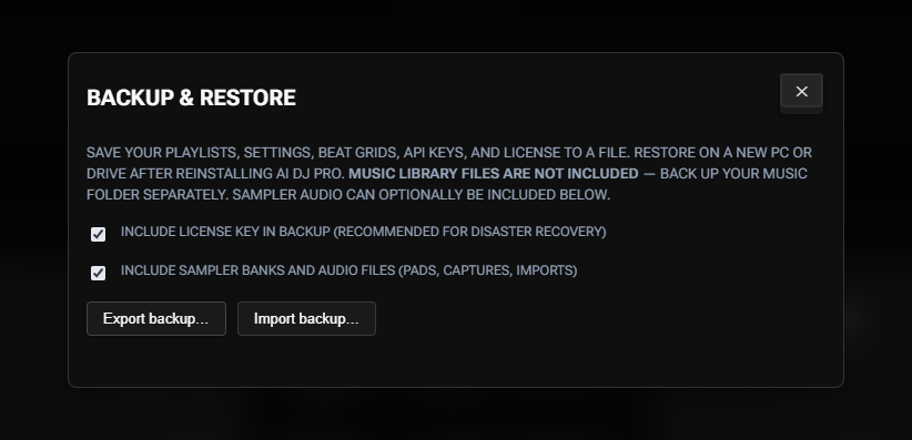 Backup & Restore dialog with license and sampler include options