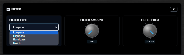 Filter panel with low-pass, high-pass, and band-pass controls