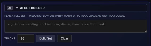 AI Set Builder panel with prompt field, track count, and Build Set button