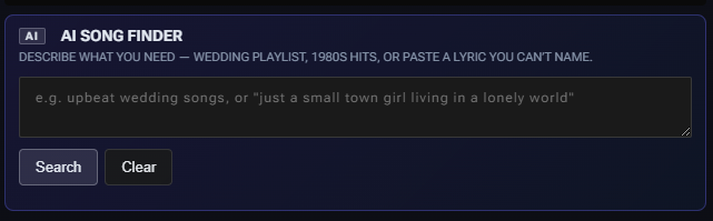 AI Song Finder panel with search prompt and Search button
