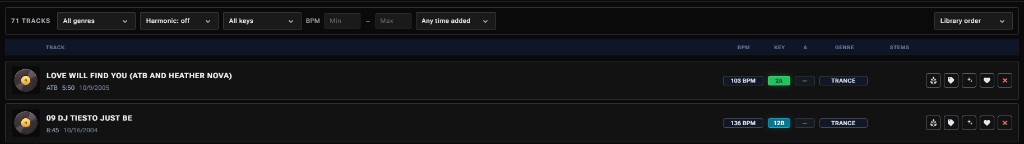 Track list in auto mix mode with BPM, key, delta, and genre columns