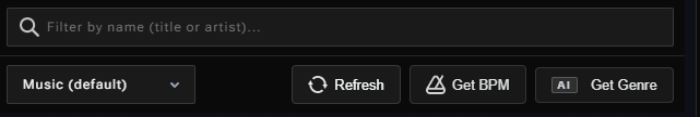 Search bar, music folder dropdown, Refresh, Get BPM, and Get Genre buttons