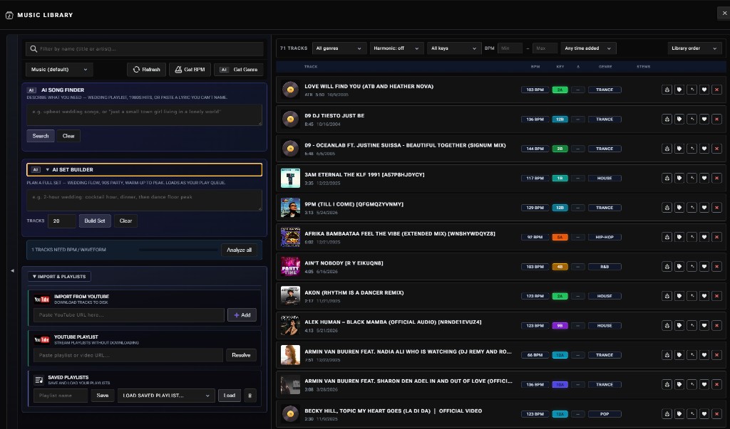 Full music library panel with left tools column and track list