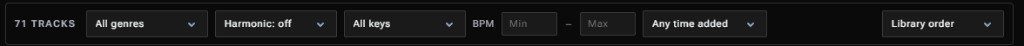 Genre, harmonic, key, BPM, added date, and sort filter bar above the track list