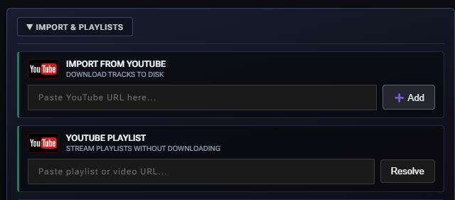 Import from YouTube and YouTube Playlist stream sections