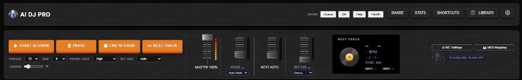 Session control bar with Start Session, Pause, End Session, Next Track, and mix faders