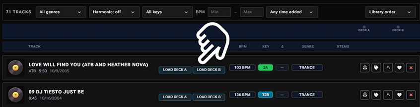 Library row with Load Deck A and Load Deck B buttons