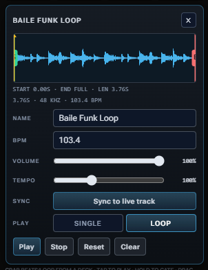 Pad editor with waveform trim, name, BPM, volume, tempo, sync, and play modes