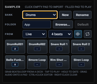 Sampler panel with bank controls, From grab row, and eight sample pads