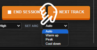 Set arc dropdown with Auto, Warm up, Peak, and Cool down options