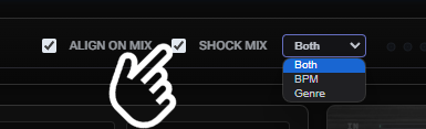 Shock mix checkbox and trigger dropdown with Both, BPM, and Genre options