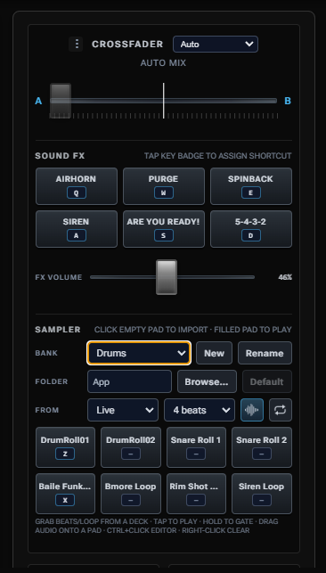 Center column with Crossfader, Sound FX pads, and Sampler banks