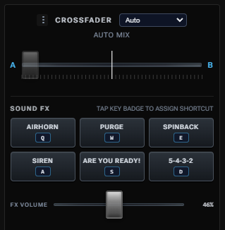 Sound FX pad grid with Airhorn, Purge, Spinback, Siren and FX volume