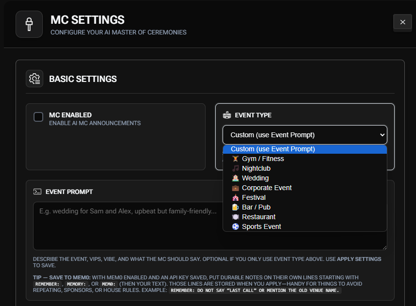 MC Settings panel with event type, event prompt, and MC enabled toggle