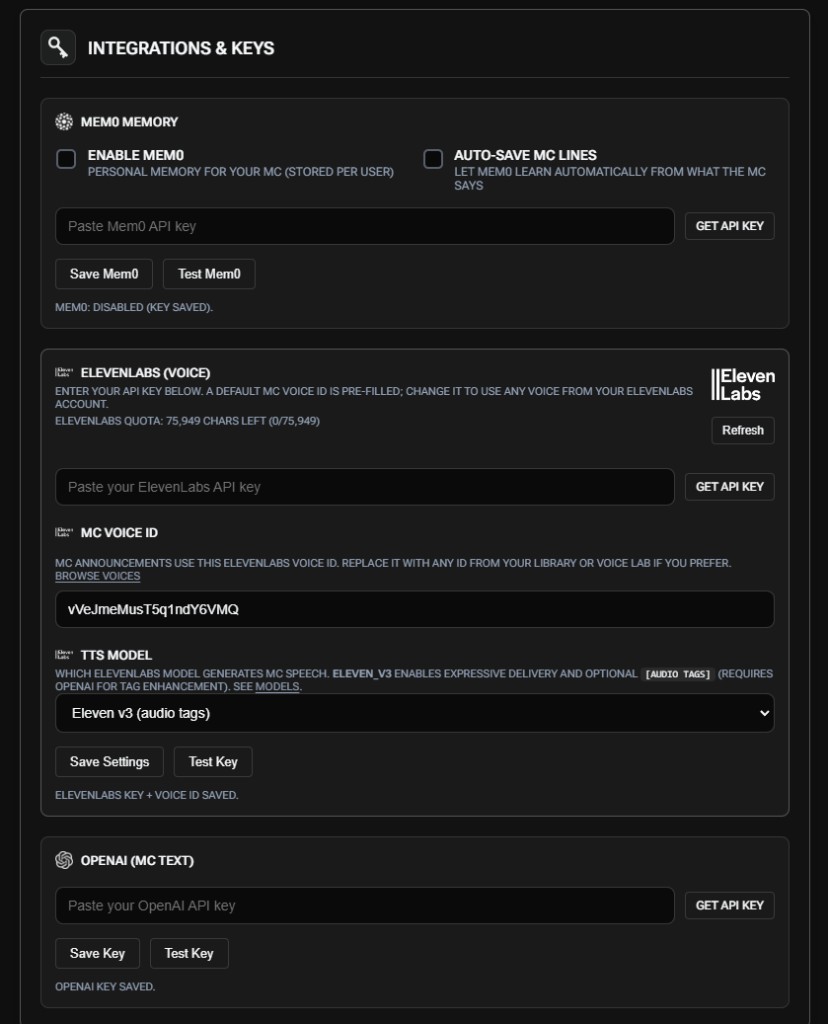 Integrations panel for Mem0, ElevenLabs voice, and OpenAI API keys