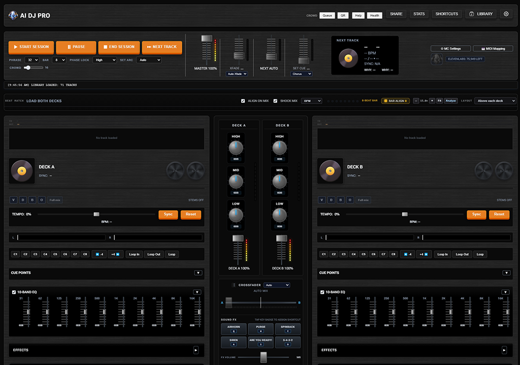 AI DJ Pro main interface with decks, mixer, session controls, and library